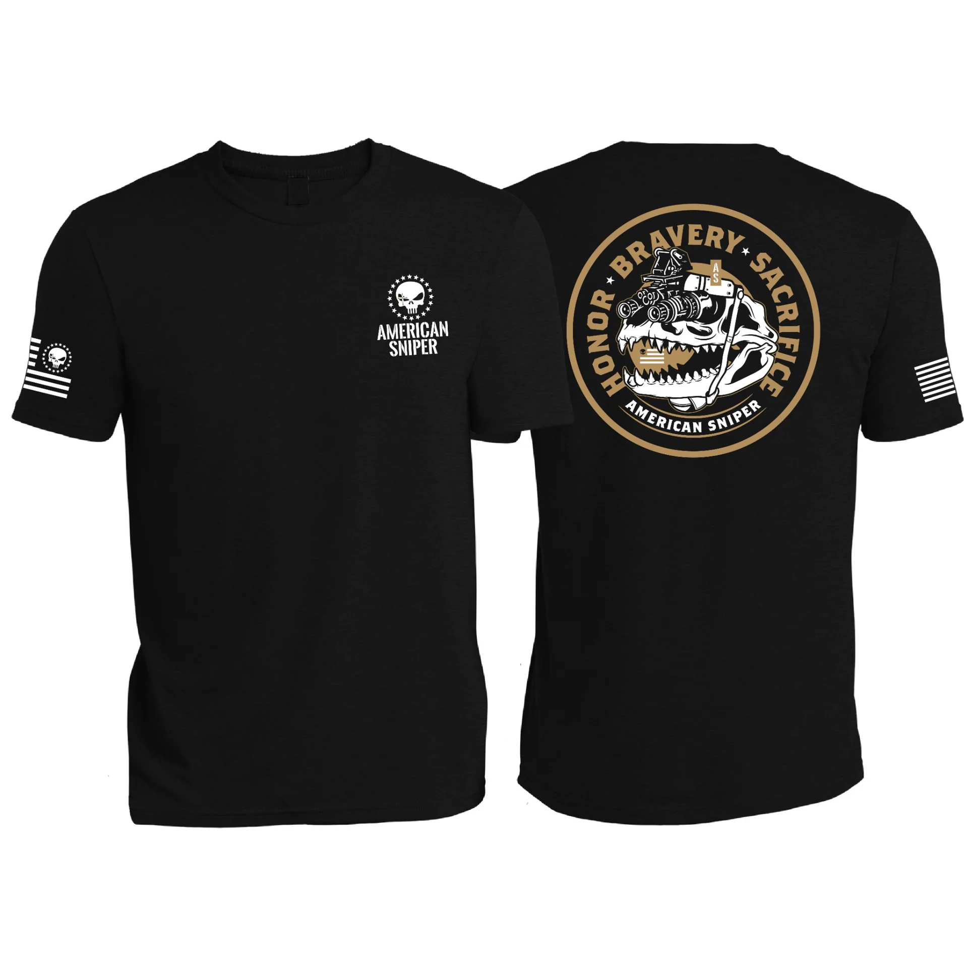 A black American Sniper t-shirt with an Honor, Bravery, Sacrifice back print.