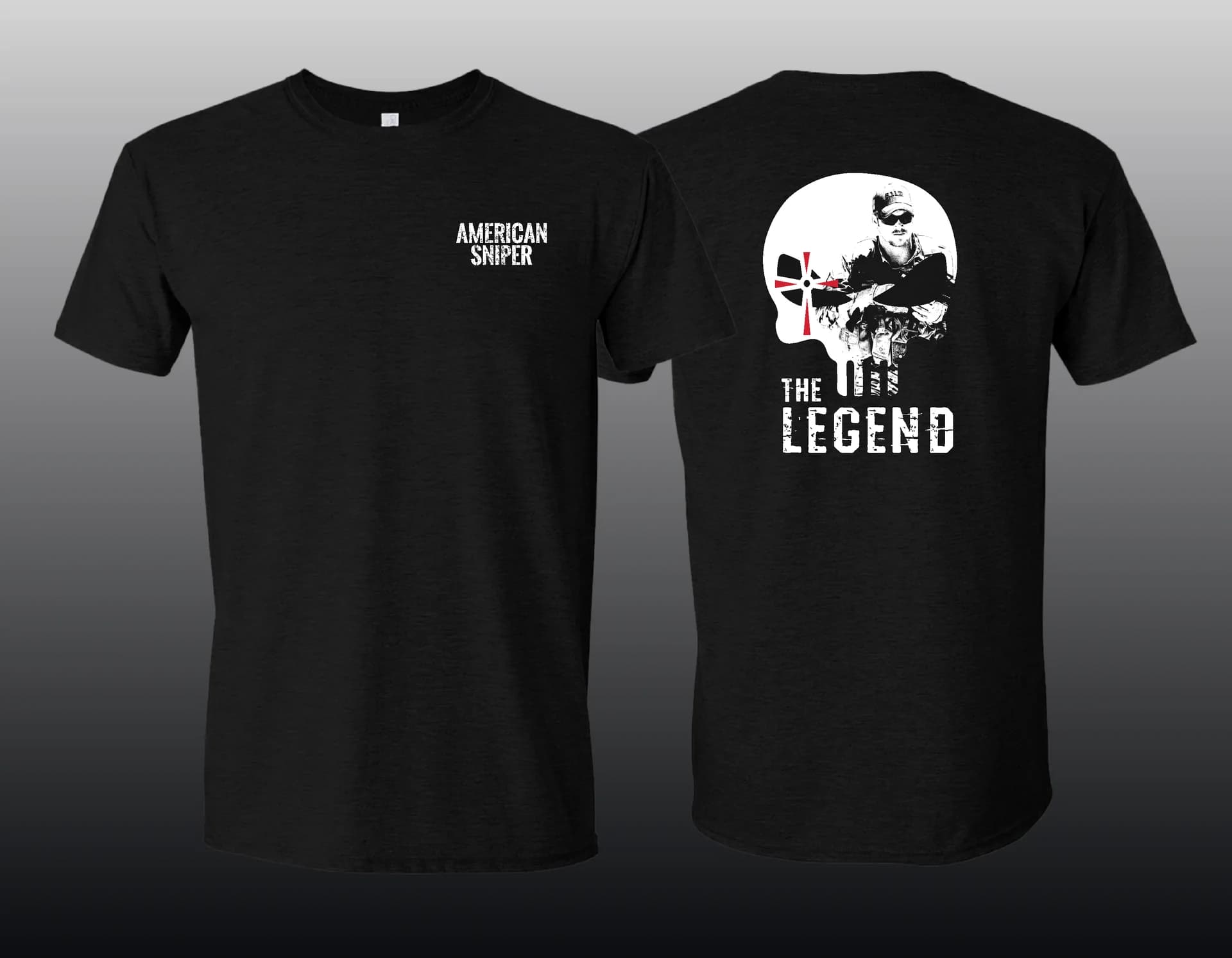 A black American Sniper t-shirt with a “The Legend” back print.