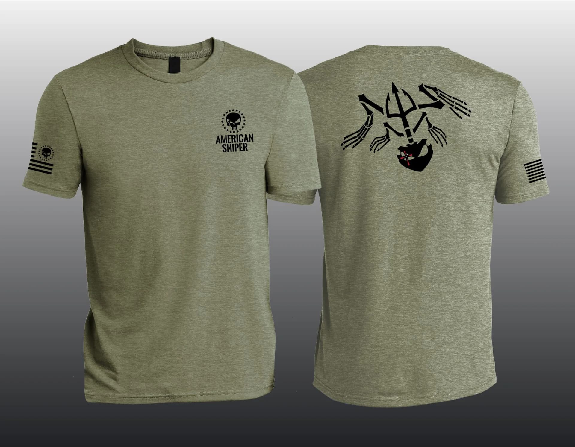 An olive American Sniper t-shirt with a trident back print.