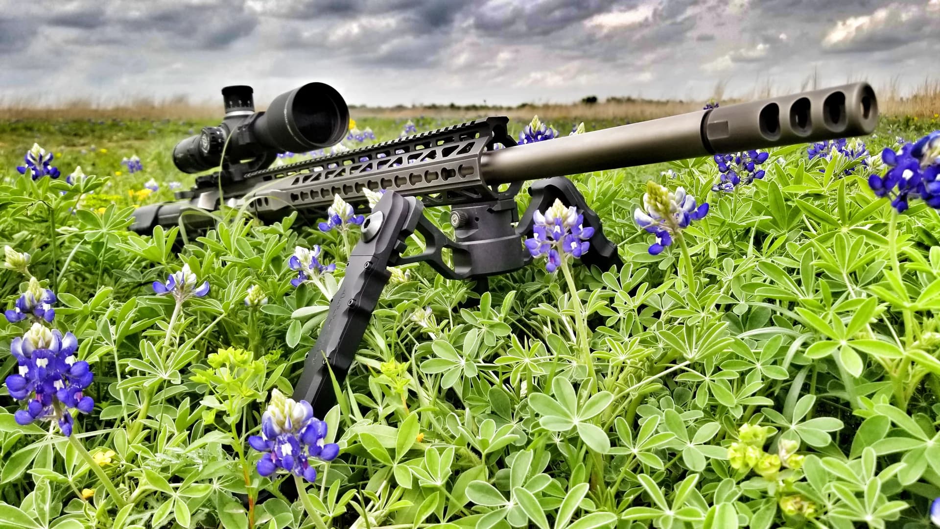 A WMD Guns rifle resting in Texas bluebonnets.